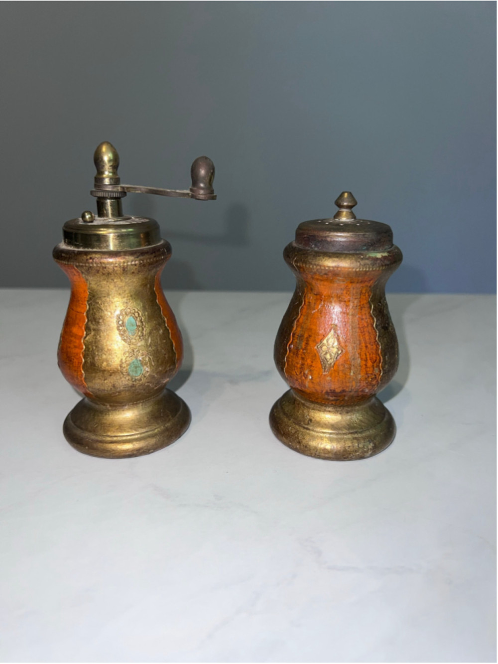 VTG Brass Italian Kitchen Salt Pepper Shaker Set Gold Orange